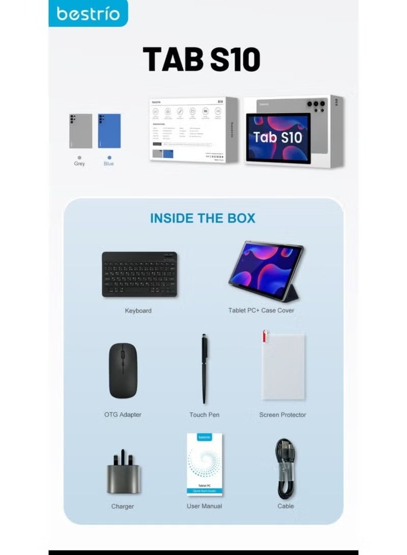 BESTRIO تابلت S10 10.1 بوصة IPS – 8 جيجابايت RAM، 512 جيجابايت تخزين، أندرويد 13، شريحتين، 5G LTE – شاشة تعمل باللمس عالية الأداء للعمل والدراسة والترفيه - Image 4